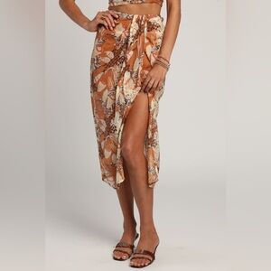 *NWT* Lulus Something Wild Brown Multi Print Twist-Front Midi Skirt, Size Small